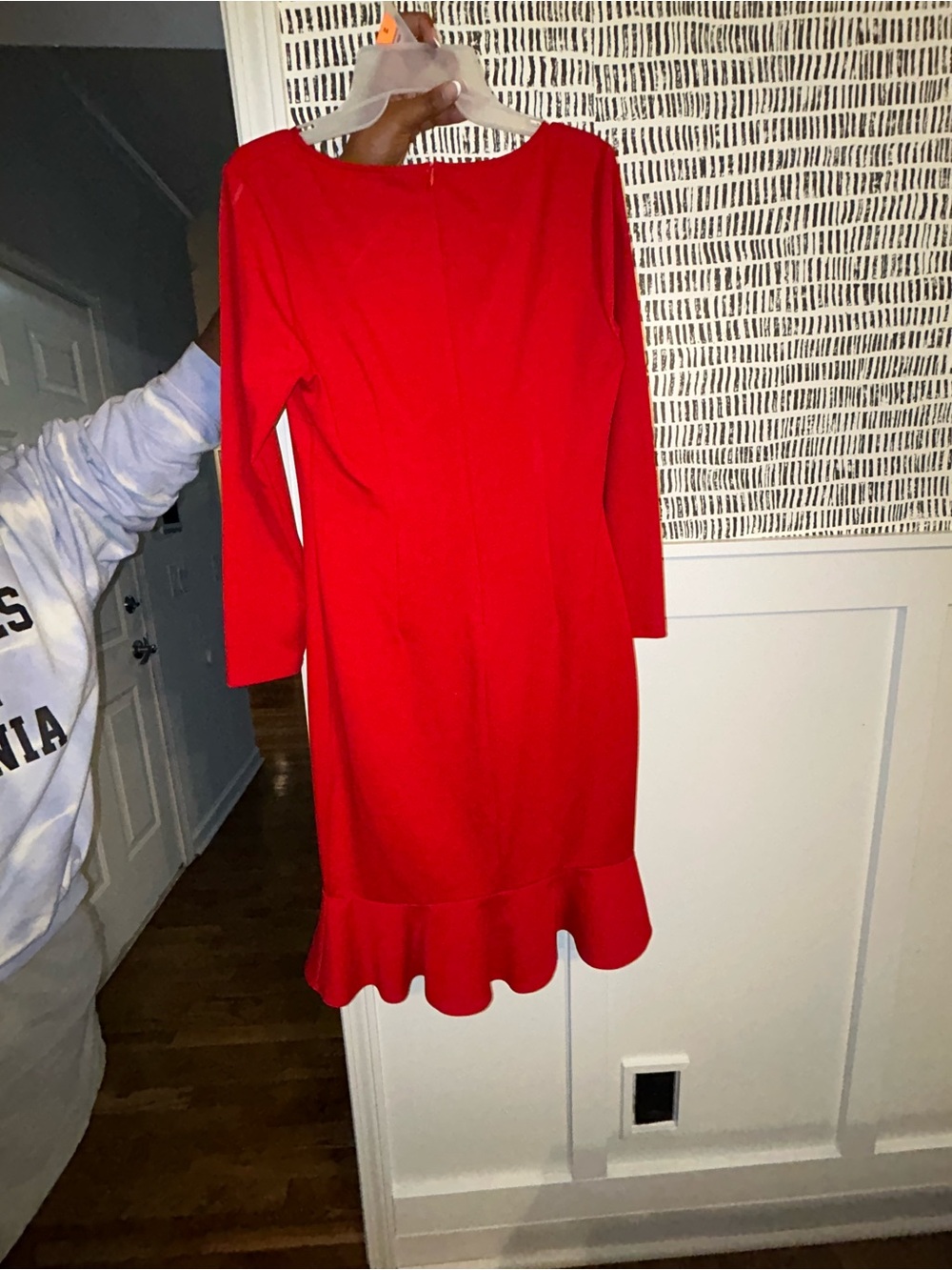 Red Ruffle-Hem Long Sleeve Peplum Style Dress